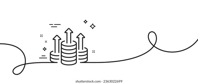 Budget line icon. Continuous one line with curl. Money gain sign. Cash coin profit symbol. Budget single outline ribbon. Loop curve pattern. Vector
