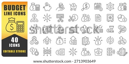 Budget Line Icon Set. 40 Clean Editable Stroke Money Symbols For Finance, Savings, Analytics And Money Management. Perfect For Reports, Apps, Infographics And Professional Financial Design Projects. I