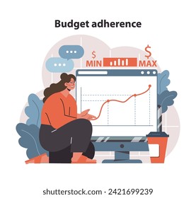 Budget Management in action. Analyzing financial graphs for project cost control. Manager ensures spending within limits. Flat vector illustration.