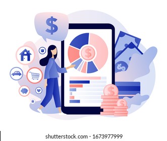 Budget management app. Personal financial control. Cash flow. Tiny woman manages the personal budget. Modern flat cartoon style. Vector illustration on white background