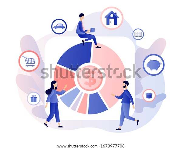 Budget management. Cash\
flow. Personal financial control. Tiny people is planning the\
personal budget. Modern flat cartoon style. Vector illustration on\
white background