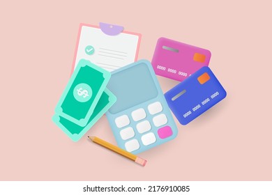 Budget management concept. Calculator, credit card, banknotes, and check list. 3D Vector Illustration.