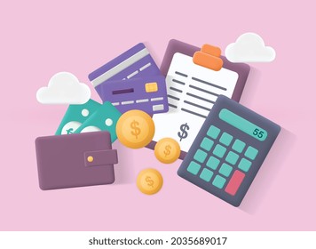 Budget management concept. Composition with wallet, calculator, coins, bills, tax bill and credit cards. Saving money and smart investment. Cartoon 3D vector illustration isolated on pink background