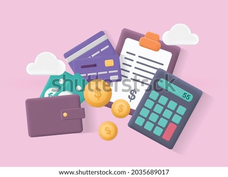 Budget management concept. Composition with wallet, calculator, coins, bills, tax bill and credit cards. Saving money and smart investment. Cartoon 3D vector illustration isolated on pink background