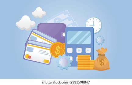 Budget management concept economic background with billfold and calculator.Vector Design Illustration.
