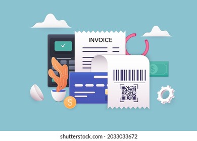 Budget management concept. Economy background with billfold and calculator. 3D Web Vector Illustrations