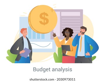 Budget management concept. Female accountant explains to clients rules for calculating income and taxes. Financial condition of company. Cartoon flat vector illustration isolated on white background