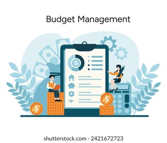 Budget Management concept. Navigating through financial planning and analysis with ease. Fiscal responsibility and strategy in action. Flat vector illustration