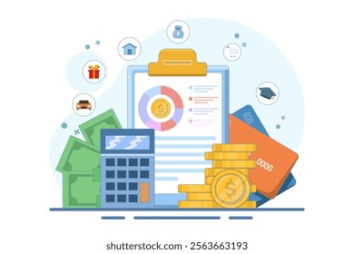 Budget management concept. Personal financial control. Cash flow. Personal budget planning. Budget plan. Modern flat cartoon style. Vector illustration on white background.