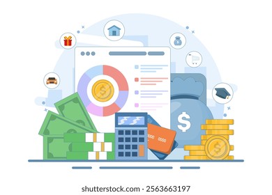 Budget management concept. Personal financial control. Cash flow. Personal budget planning. Budget plan. Modern flat cartoon style. Vector illustration on white background.