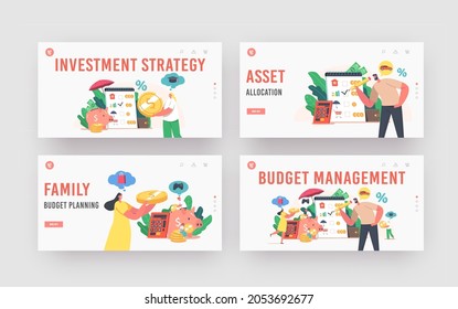 Budget Management Landing Page Template Set. Family People Earn and Save Money, Tiny Characters Collect Coins into Huge Piggy Bank. Universal Basic Income, Capital, Wealth. Cartoon Vector Illustration