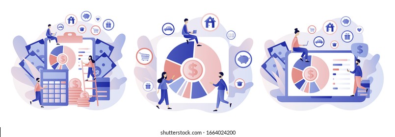 Budget management. Personal financial control. Cash flow. Tiny people is planning the personal budget. Modern flat cartoon style. Vector illustration on white background