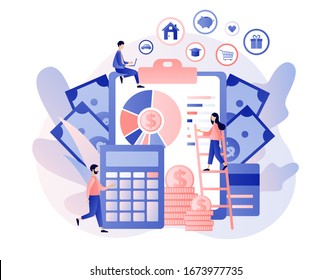 Budget management. Personal financial control. Financial literacy. Cash flow. Tiny people is planning the personal budget. Modern flat cartoon style. Vector illustration on white background