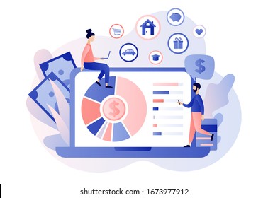 Budget management. Personal financial control. Cash flow. Tiny people is planning the personal budget online. Modern flat cartoon style. Vector illustration on white background