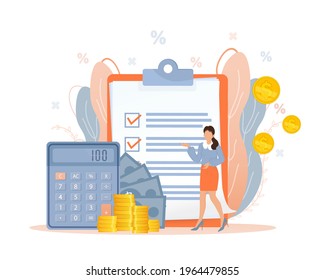 Budget management. Personal financial control. Budget planning, records management, cash flow statement metaphors. Flat style characters.