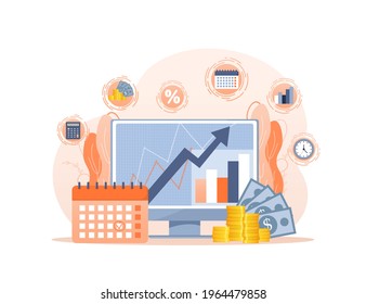 Budget management. Personal financial control. Budget planning, records management, cash flow statement metaphors. Flat style characters.