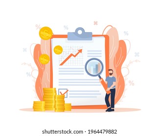 Budget management. Personal financial control. Budget planning, records management, cash flow statement metaphors. Flat style characters.