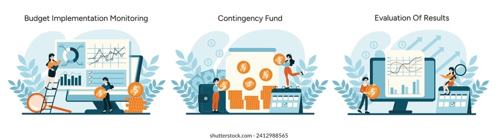 Budget Management set. Monitoring, contingency planning, and result analysis for financial stability. Navigating economic challenges. Flat vector illustration