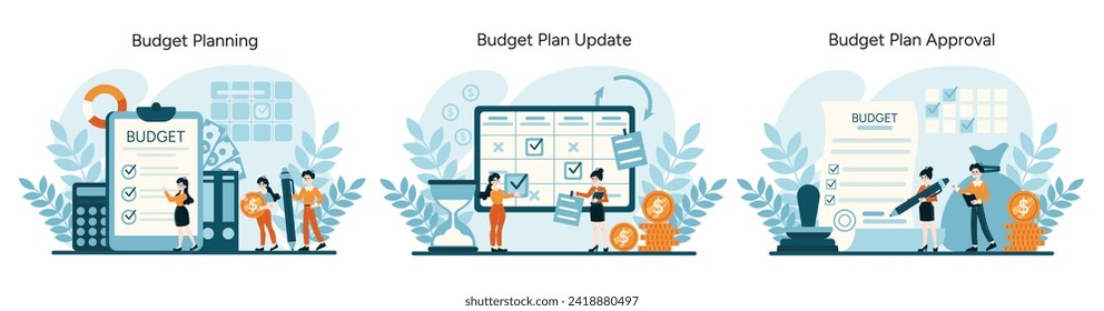 Budget Management set. From planning to approval, a detailed financial journey. Stages of budgeting depicted in steps. Budget planning, budget plan update, plan approval. Flat vector illustration
