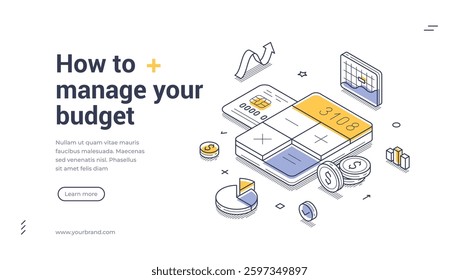 Budget management with this isometric web banner template. It offers visual tools, such as charts and calculators, aiding in financial organization. Vector illustration