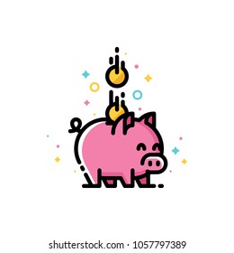 Budget or money savings concept with piggy bank and falling coins. Flat filled outline style icon. Pixel perfect. Editable stroke. Size 72x72 pixels