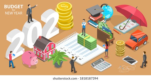 Budget For New 2021 Year, Business Or Family Financial Planning. 3D Isometric Flat Vector Conceptual Illustration.