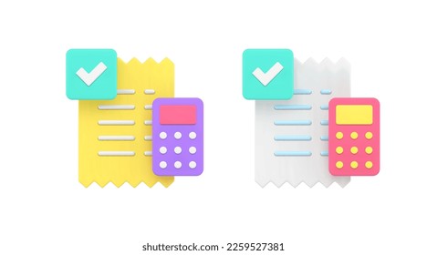 Control de impuestos de la comprobación de facturas de pago presupuestario control de documentos 3d conjunto de iconos vectoriales realistas. Ahorro financiero calculando el botón de análisis de cuentas bancarias en factura