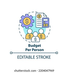 Budget per person concept icon. Calculating costs. Planning small event abstract idea thin line illustration. Isolated outline drawing. Editable stroke. Arial, Myriad Pro-Bold fonts used