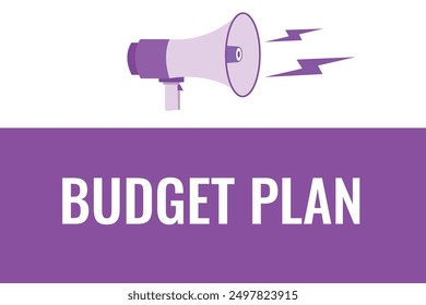 Presupuesto Plan Botón, Anuncio, etiqueta, Plantilla para el Sitio web. Texto del Plan del presupuesto con el icono colorido del megáfono
