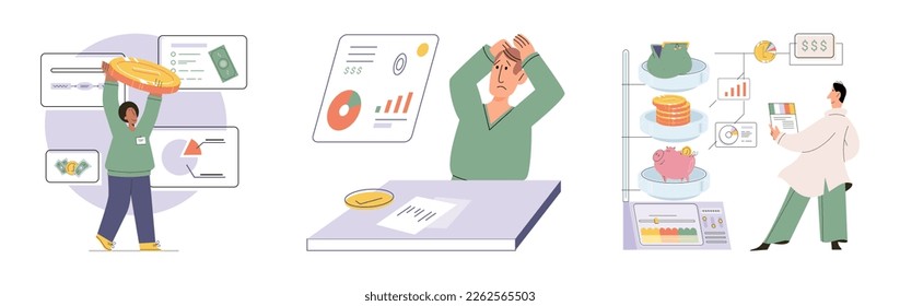 Budget plan concept. Evaluates income and expenses, analyzes investments and savings. Financial literacy and economics, accounting. Planning and distribution of money. Income and expenses report