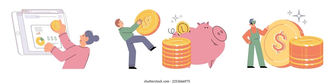 Budget plan concept. Man evaluates his income and expenses, analyzes investments and savings. Financial literacy and economics, accounting. Planning and distribution of money. Piggy bank, purse, coins