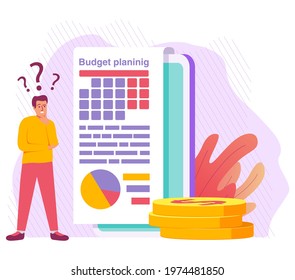 Budget planing concept.Design for budget web sites infographic.Financial administration.The character working using computer plans expenses.Man  indication of expenses or spendings. Financial planner.