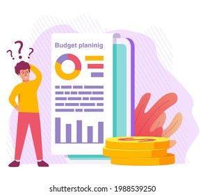 Budget planing concept.Financial administration.The character working using computer plans expenses.Man thinks about expenses. Financial planner.