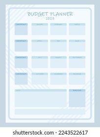 Budget planner for 2023 in blue pastel colors, in a minimalist style. Monthly icons, department for reminders, important things and notes. Planner design for printing. For every month of the year