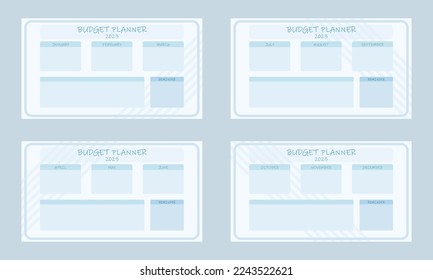 Budget planner for 2023 in blue pastel colors, in a minimalist style. Monthly icons, department for reminders, important things and notes. Planner design for printing. For every month of the year