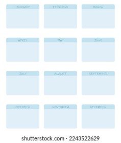 Budget planner in blue pastel colors, in a minimalist style. Monthly icons, department for reminders, important things and notes. Planner design for printing. separate icon for each month