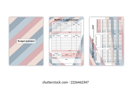 Budget planner book. Vector set of  templates with financial plan of incomes, expenses and savings. Money accounting for family or business. Vector flat minimalist blank pages.