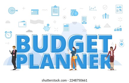 budget planner concept with big words and people surrounded by related icon with blue color style