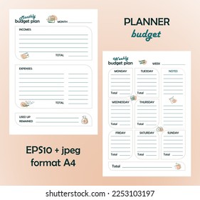 Budget planner for the month and week, A4 format, home accounting