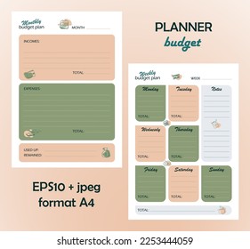 Budget planner for the month and week, A4 format, home accounting