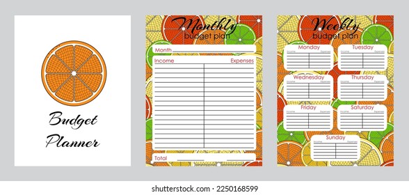 Budget planner page design template with citrus pattern. Monthly and weekly budget plan template. Vector illustration