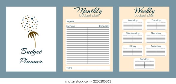 Budget planner page design template with Dandelion print. Monthly and weekly budget plan template. Vector illustration