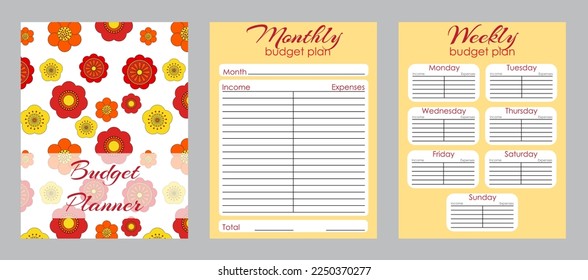 Plantilla de diseño de página del planificador presupuestario con patrón floral. Plantilla de plan presupuestario mensual y semanal. Ilustración del vector