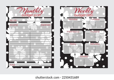 Budget planner page design template with floral pattern. Monthly and weekly budget plan template. Vector illustration
