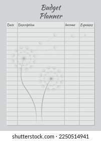 Design-Vorlage für die Haushaltsplaner-Seite. Dandelion Print Notebook-Seite Design. Vektorgrafik