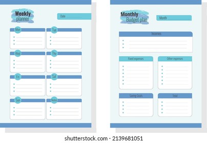 Budget planner pages templates. Weekly and monthly planner. Organizer page, diary and  control book. Graphic organization paper,  blue colors vector set. 