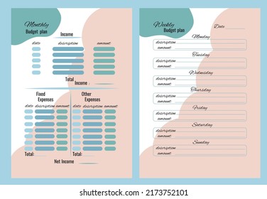 Budget planner. Budget plan, weekly, monthly budget planners. Ready for print a4