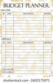 Budget planner set icon. Banana theme with dual section layout for managing income and expense, perfect for tropical design lovers and personal budgeting.