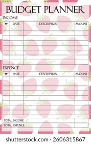 Budget planner set icon. Pink strawberry backdrop with structured table for managing income and expenses, combines sweetness and finance control.