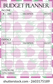 Budget planner set icon. Raspberry background with structured income and expense sections, perfect for creative financial tracking and berry-themed layouts.